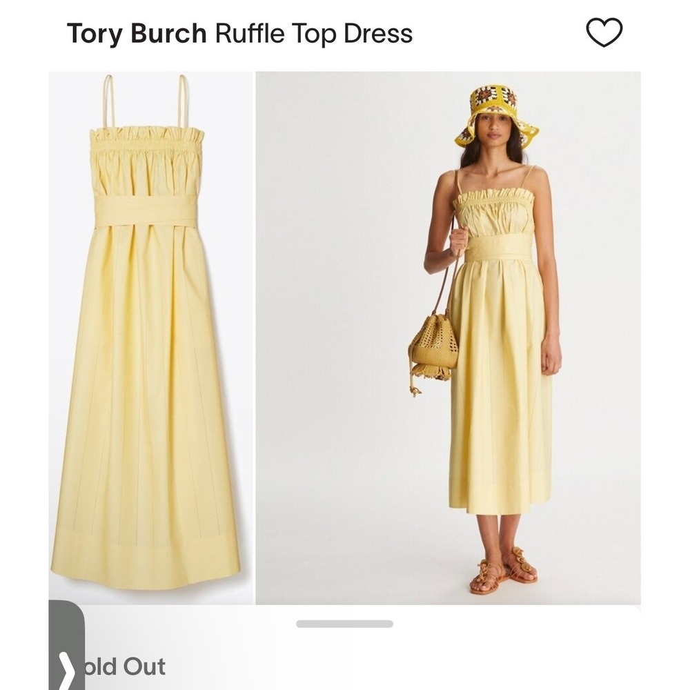 Tory Burch Women's Sz 8 Ruffle Top Yellow Sleeveless Cotton Midi Dress $698 NWT